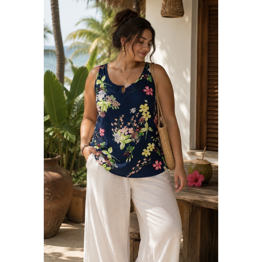Rose + Olive Navy Blue Floral Keyhole Sleeveless High Low Blouse Large